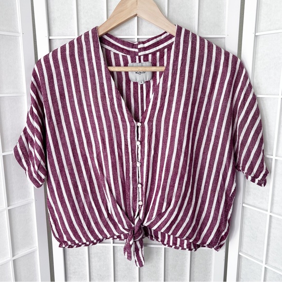 Rails Thea Tie-Front Button Down Linen Blend Top | Red White Milos Stripe Small - Picture 6 of 11